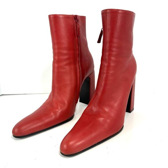 Balenciaga Red Leather Almond Pointy Toe Block Heel Ankle Boots EU 37 US 7 - Picture 10 of 15